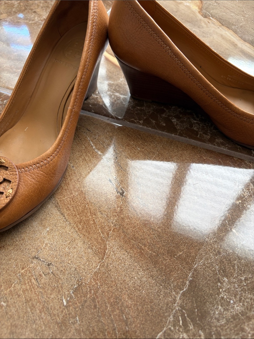 Tory Burch Caramel Tan Leather Logo Round-Toe Wedges - Picture 3 of 3